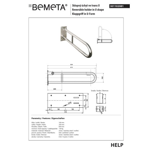 Bemeta HELP Uchwyt składany w kształcie litery U 813 mm stal nierdzewna 301102081