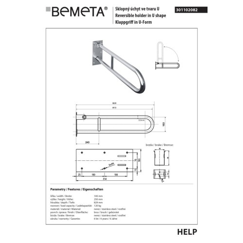 Bemeta HELP Uchwyt składany w kształcie litery U 813 mm matowy 301102082