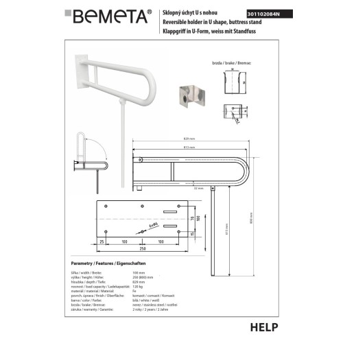 Bemeta HELP Składany uchwyt w kształcie litery U z podporą 813mm biały 301102084N