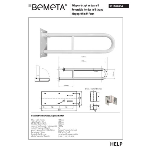 Bemeta HELP składany uchwyt w kształcie litery U 813 mm kolor biały 301102084