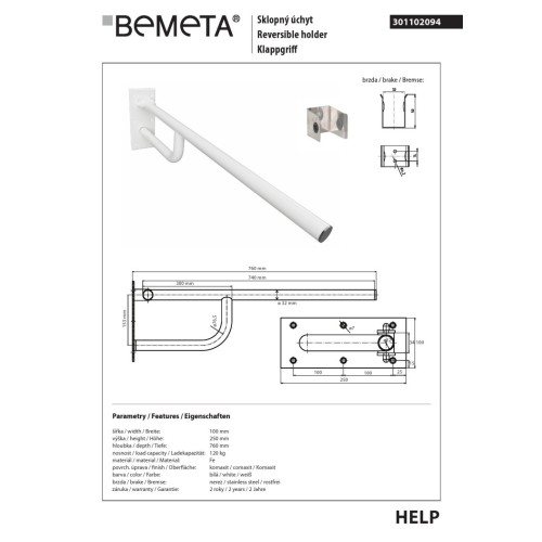 Bemeta HELP Składany uchwyt biały 760mm 301102094