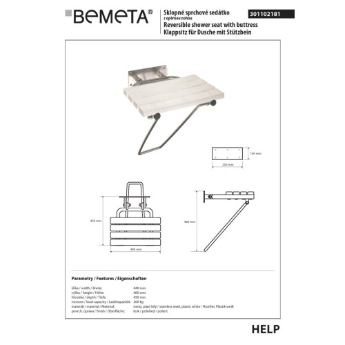 Bemeta HELP Siedzisko prysznicowe składane na nóżkach stal nierdzewna w połysku 301102181