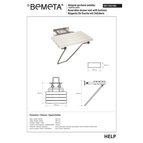Bemeta HELP Siedzisko natryskowe składane z nogami stal nierdzewna szlifowana 301102182