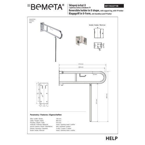 Bemeta HELP Składany uchwyt w kształcie litery U z nóżką 600 mm stal nierdzewna z uchwytem TP 301102271N