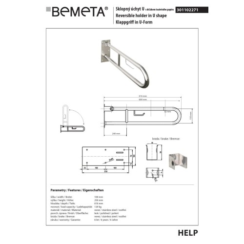 Bemeta HELP Uchwyt składany w kształcie litery U z uchwytem TP 600 mm stal nierdzewna 301102271