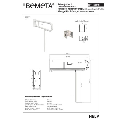 Bemeta HELP Składany uchwyt w kształcie litery U z nogą 813mm biały z uchwytem TP 301102284N