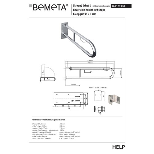 Bemeta HELP Składany uchwyt w kształcie litery U z uchwytem do TP 900 mm matowy, 301102292
