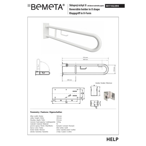 Bemeta HELP Składany uchwyt w kształcie litery U z uchwytem do TP 900 mm biały 301102294