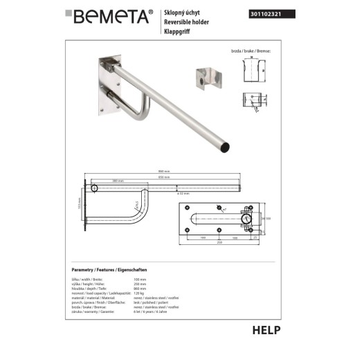 Bemeta HELP Uchwyt składany 850 mm stal nierdzewna 301102321