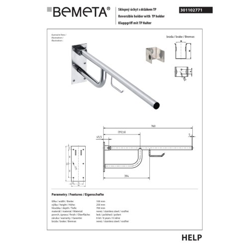 Bemeta HELP Składany uchwyt stal nierdzewna z uchwytem TP 760mm 301102771