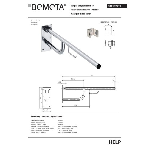 Bemeta HELP Składany uchwyt cięty ze stali nierdzewnej z uchwytem TP 760mm 301102772