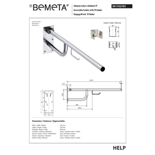 Bemeta HELP Uchwyt składany ze stali nierdzewnej 850mm z uchwytem TP 301102781