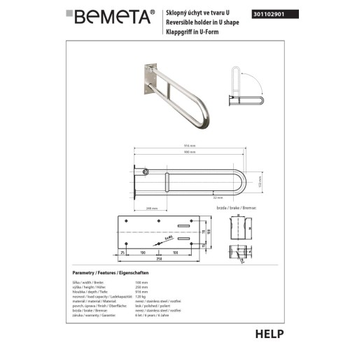 Bemeta HELP Uchwyt składany w kształcie litery U 900 mm stal nierdzewna 301102901