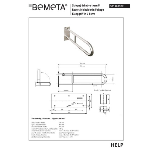 Bemeta HELP Uchwyt składany w kształcie litery U 900 mm matowy 301102902