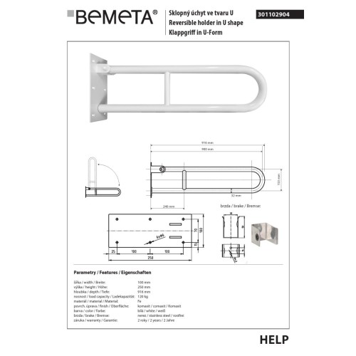 Bemeta HELP Uchwyt składany w kształcie litery U 900 mm biały 301102904