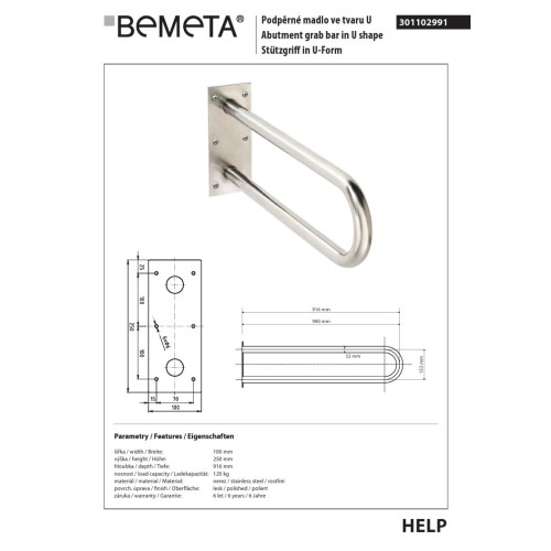 Bemeta HELP Uchwyt w kształcie litery U 900 mm stal nierdzewna 301102991
