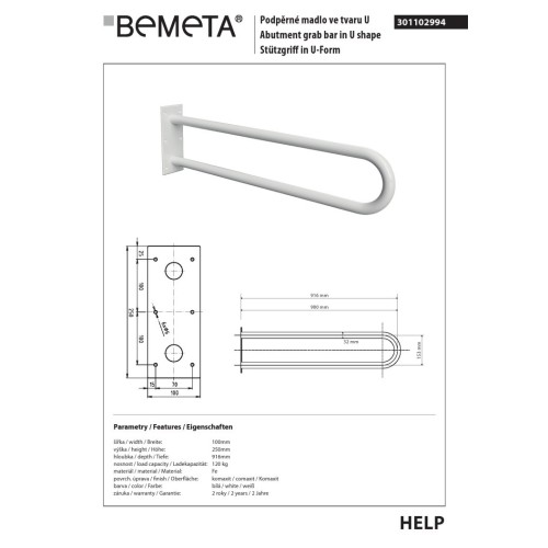 Bemeta HELP Uchwyt w kształcie litery U 900 mm biały 301102994