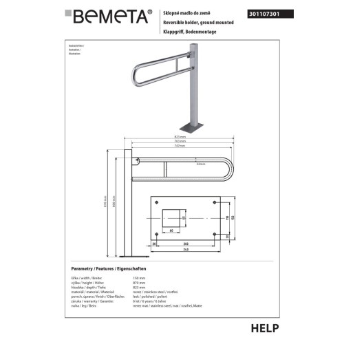 Bemeta HELP Uchwyt składany 750 mm stal nierdzewna połysk 301107301