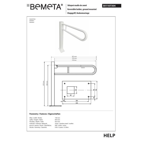 Bemeta HELP Składana rączka 750 mm kolor biały 301107304