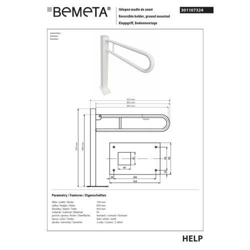 Bemeta HELP Składana rączka 850 mm kolor biały 301107324