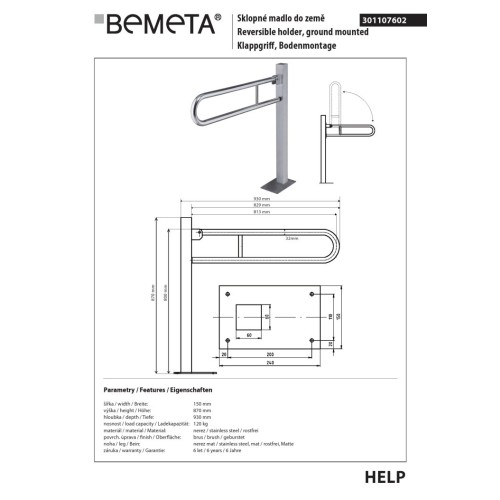 Bemeta HELP Składany uchwyt mocowany do podłoża 813 mm stal szczotkowana 301107602