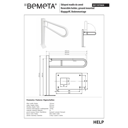 Bemeta HELP Uchwyt składany mocowany do podłoża 813 mm biały 301107604