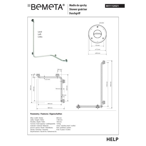 Bemeta HELP Uchwyt pod prysznic z pionową podporą lewy stal nierdzewna 301112021
