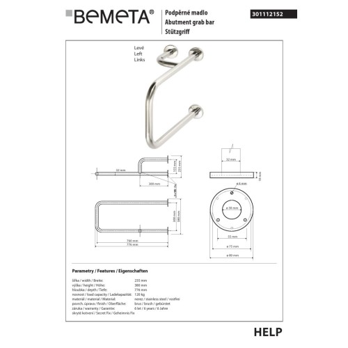 Bemeta HELP Uchwyt pomocniczy lewy matowy 301112152