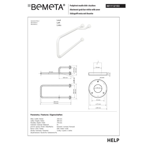 Bemeta HELP Uchwyt pomocniczy lewy biały z osłoną 301112153