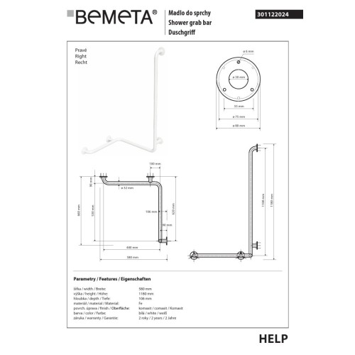 Bemeta HELP Uchwyt prysznicowy z gładkim oparciem pionowym prawy biały 301122024