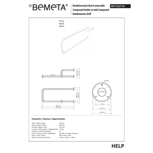 Bemeta HELP Uchwyt kombinowany do umywalki prawy biały 301122114