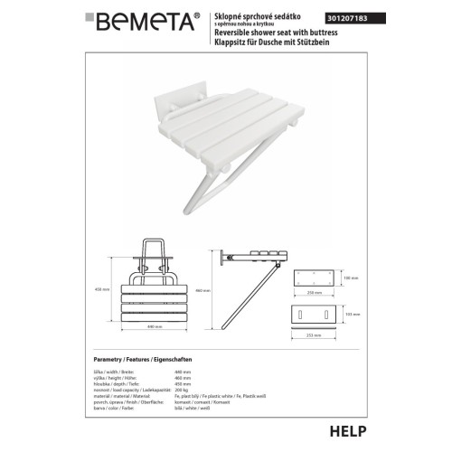 Bemeta HELP Siedzisko prysznicowe składane z nogami i osłoną białe 301207183