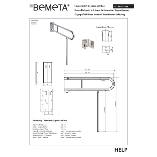 Bemeta HELP Uchwyt składany w kształcie litery U z nogą 600 mm stal nierdzewna z osłoną 301307071N