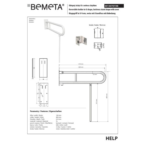 Bemeta HELP Składany uchwyt w kształcie litery U z nogą podporową 600 mm biały z osłoną 301307073N