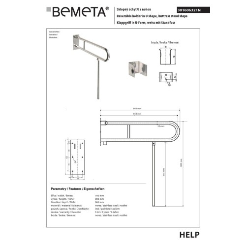 Bemeta HELP Składany uchwyt w kształcie litery U z podporą 850mm stal nierdzewna z osłoną 301307321N