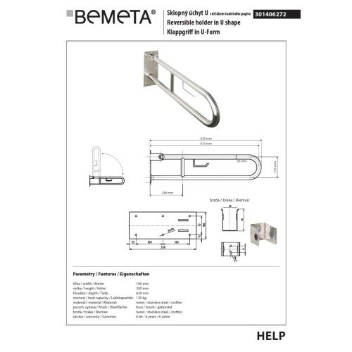 Bemeta HELP Uchwyt składany w kształcie litery U 600 mm cięcie ze stali nierdzewnej z uchwytem TP 301406272