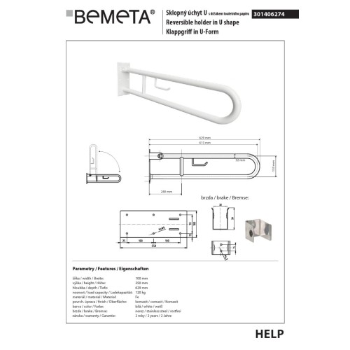 Bemeta HELP Uchwyt składany w kształcie litery U 600 mm biały z uchwytem TP 301406274