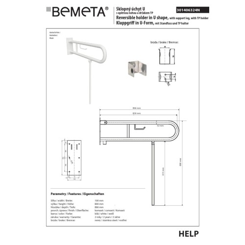 Bemeta HELP Składany uchwyt w kształcie litery U z nogą podporową 850mm biały z uchwytem TP 301406324N