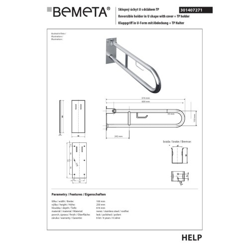Bemeta HELP Uchwyt składany w kształcie litery U 600 mm stal nierdzewna z pokrywą i uchwytem TP 301407271