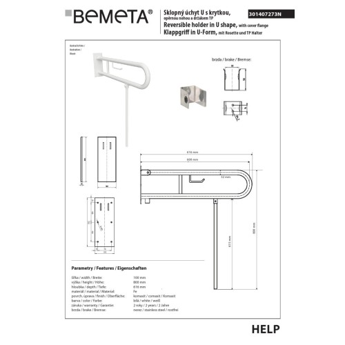 Bemeta HELP Uchwyt składany w kształcie litery U 600 mm biały z pokrywą uchwytem TP i nogą wspierającą 301407273N