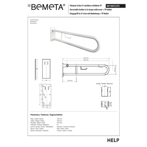 Bemeta HELP Uchwyt składany w kształcie litery U 600 mm biały z pokrywą i uchwytem TP 301407273