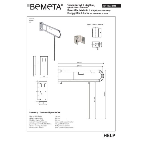 Bemeta HELP Uchwyt składany w kształcie litery U 850 mm stal nierdzewna z pokrywą uchwytem TP i nogami 301407321N