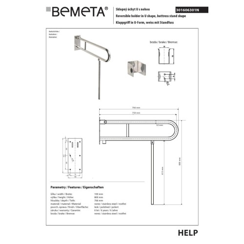 Bemeta HELP Składany uchwyt w kształcie litery U z nogą podporową 750mm stal nierdzewna w połysku 301606301N