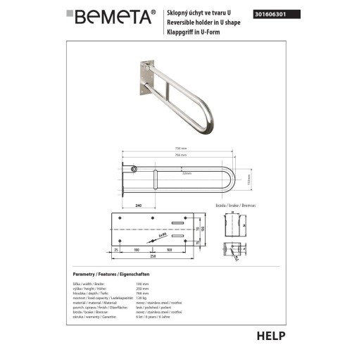 Bemeta HELP Uchwyt składany w kształcie litery U 750 mm stal nierdzewna, 301606301