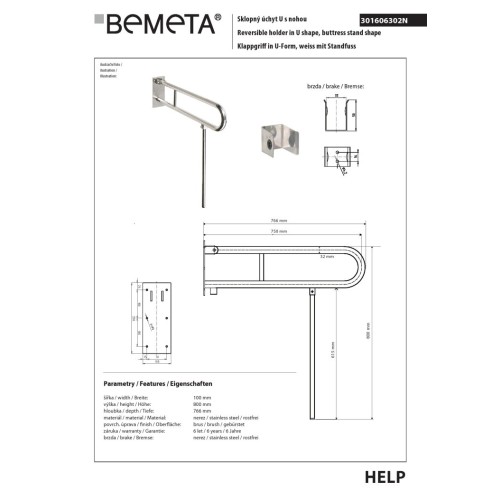 Bemeta HELP Składany uchwyt w kształcie litery U z nogą podporową 750mm cięcie ze stali nierdzewnej 301606302N