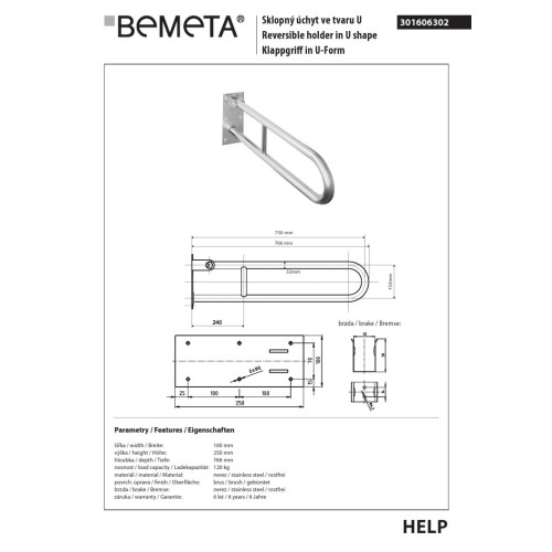 Bemeta HELP Uchwyt składany w kształcie litery U 750 mm stal nierdzewna szlifowana 301606302