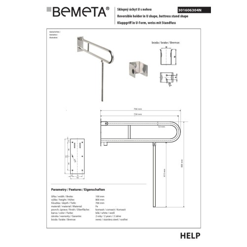 Bemeta HELP Składany uchwyt w kształcie litery U z podporą 750mm biały 301606304N