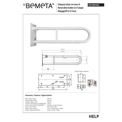Bemeta HELP Uchwyt składany w kształcie litery U 750 mm biały 301606304