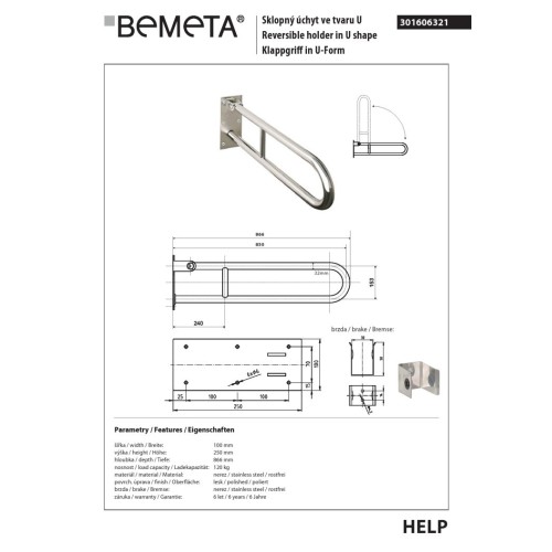 Bemeta HELP Uchwyt składany w kształcie litery U 850 mm stal nierdzewna 301606321