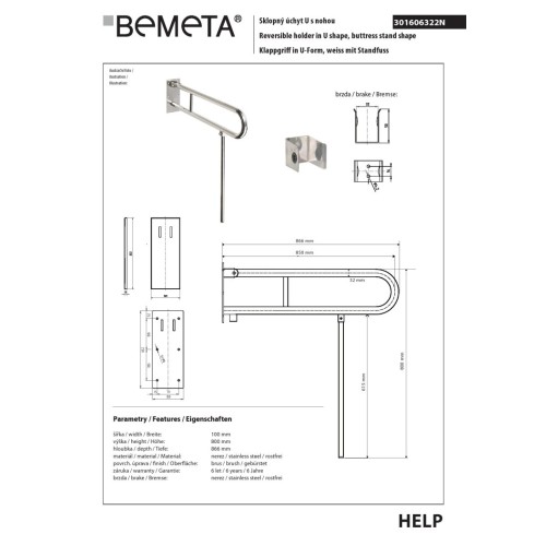 Bemeta HELP Składany uchwyt w kształcie litery U z nogą podporową 850 mm cięcie ze stali nierdzewnej 301606322N